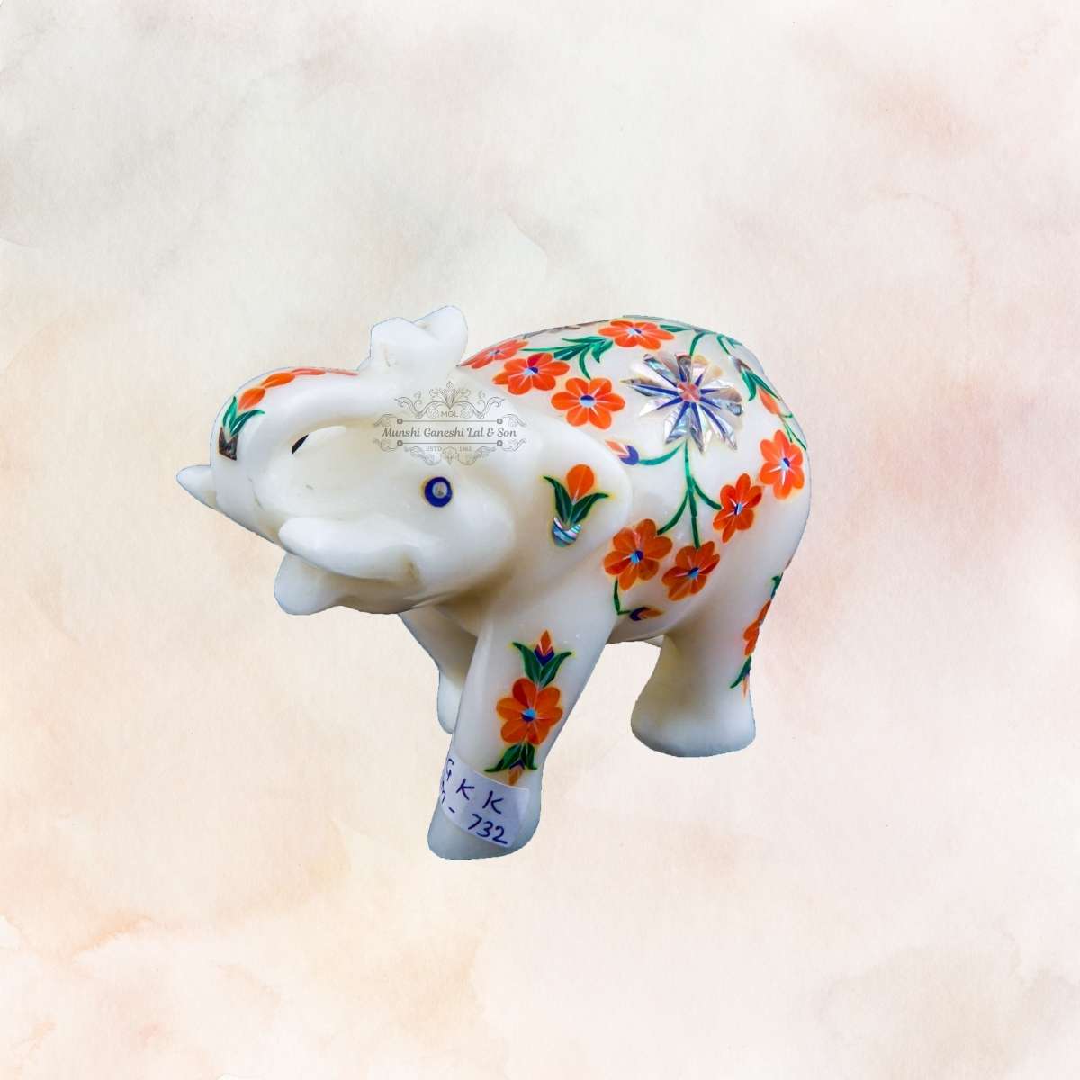 Orange Flower Designed Marble Elephant